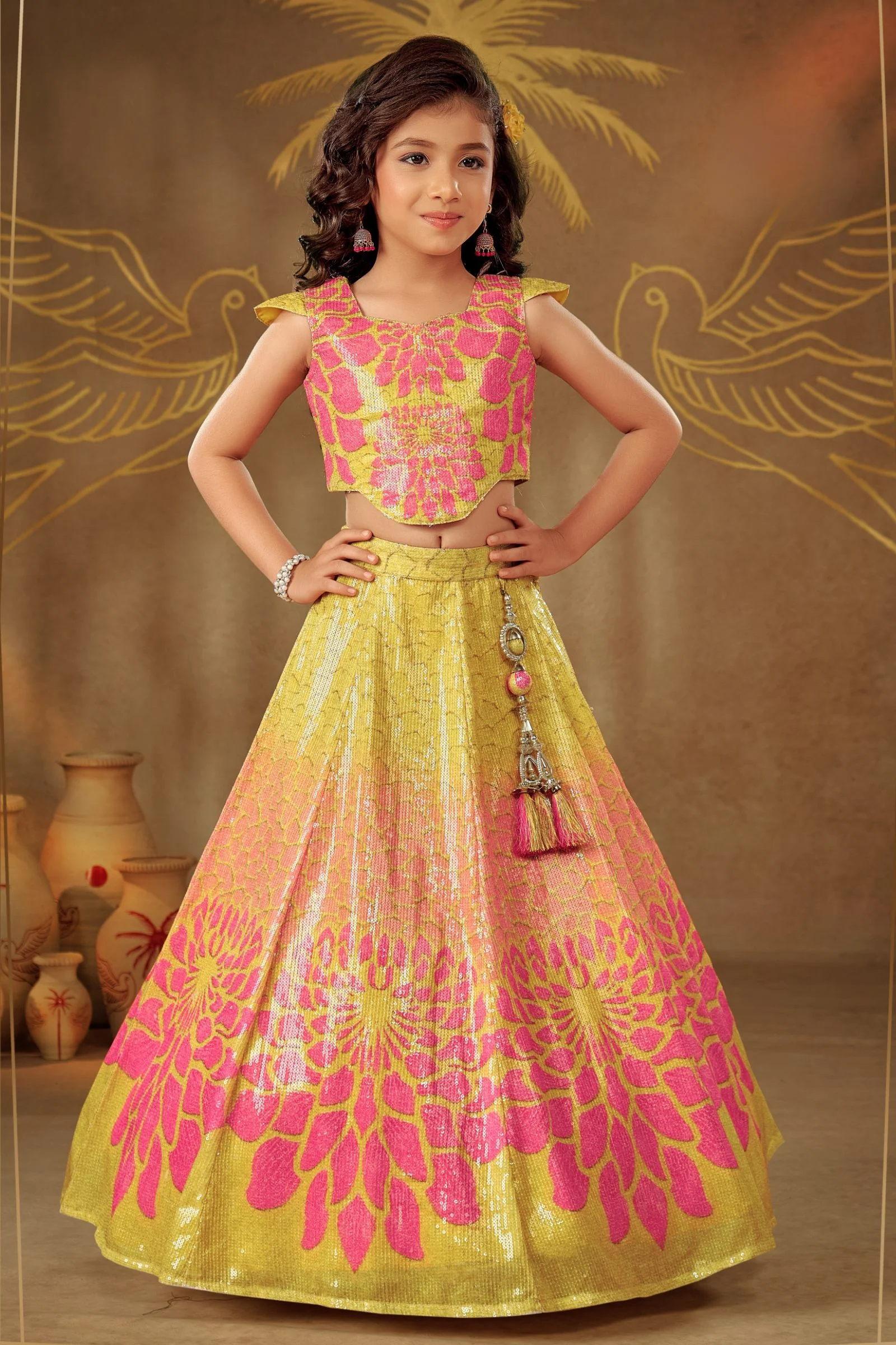 Yellow with Pink Digital Print, Sequins and Thread work Lehenga Choli
